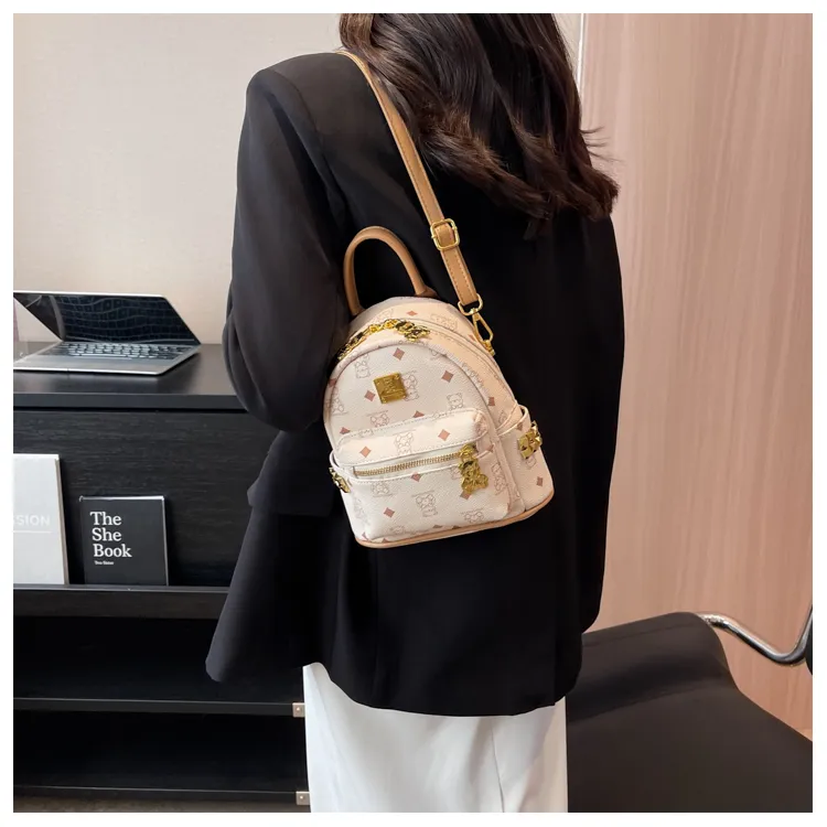 Versman PU Backpack Small Size Women's Black/Ecru/Pink/Brown-9