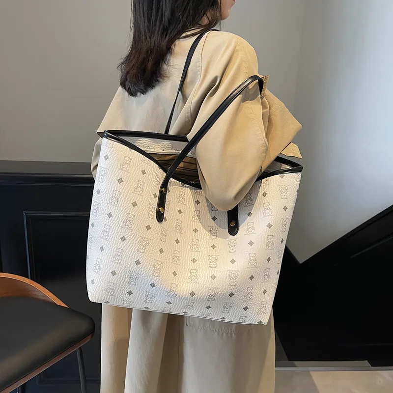 Versman PU Tote Bag, Shoulder Bag Large Size Women's Brown/Black/Pink/White/Black White Color Scheme-19