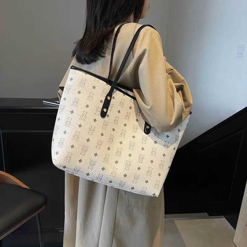 Versman PU Tote Bag, Shoulder Bag Large Size Women's Brown/Black/Pink/White/Black White Color Scheme-16