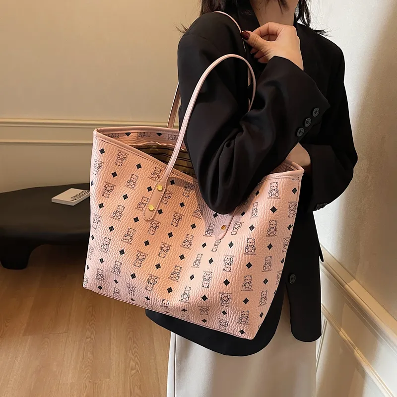 Versman PU Tote Bag, Shoulder Bag Large Size Women's Brown/Black/Pink/White/Black White Color Scheme-11