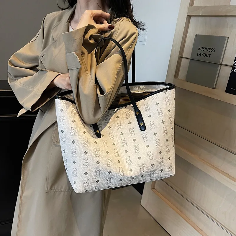 Versman PU Tote Bag, Shoulder Bag Large Size Women's Brown/Black/Pink/White/Black White Color Scheme-18