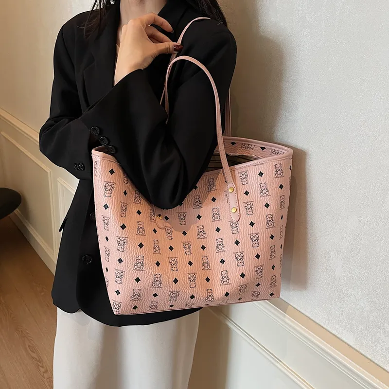 Versman PU Tote Bag, Shoulder Bag Large Size Women's Brown/Black/Pink/White/Black White Color Scheme-14