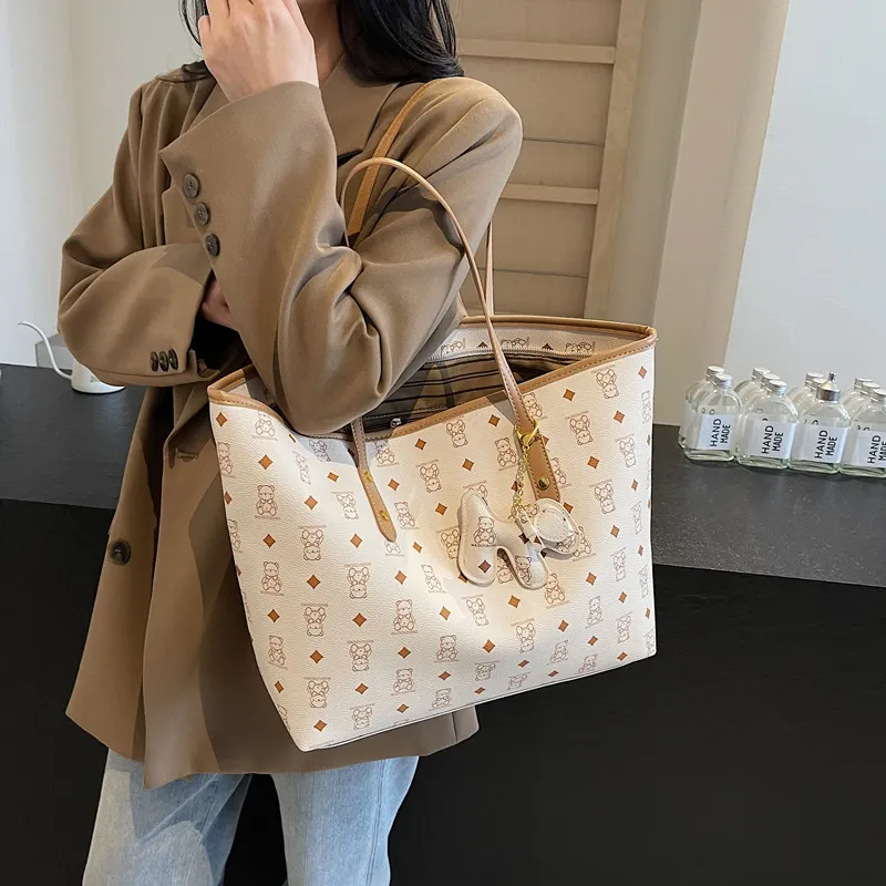 Versman PU Tote Bag, Shoulder Bag Large Size Women's Brown/Black/Pink/White/Black White Color Scheme-3