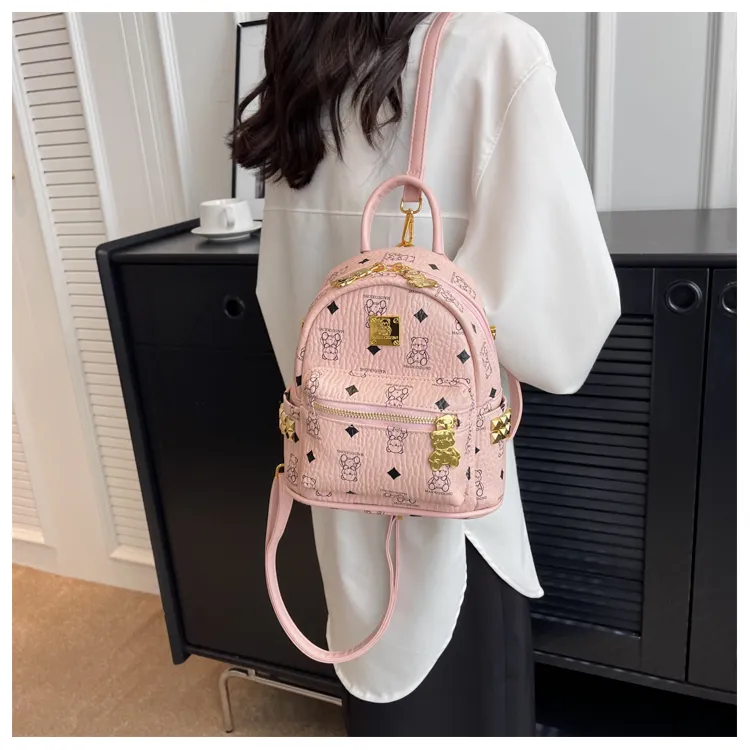 Versman PU Backpack Small Size Women's Black/Ecru/Pink/Brown-18