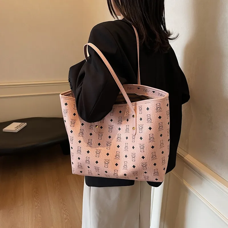 Versman PU Tote Bag, Shoulder Bag Large Size Women's Brown/Black/Pink/White/Black White Color Scheme-13