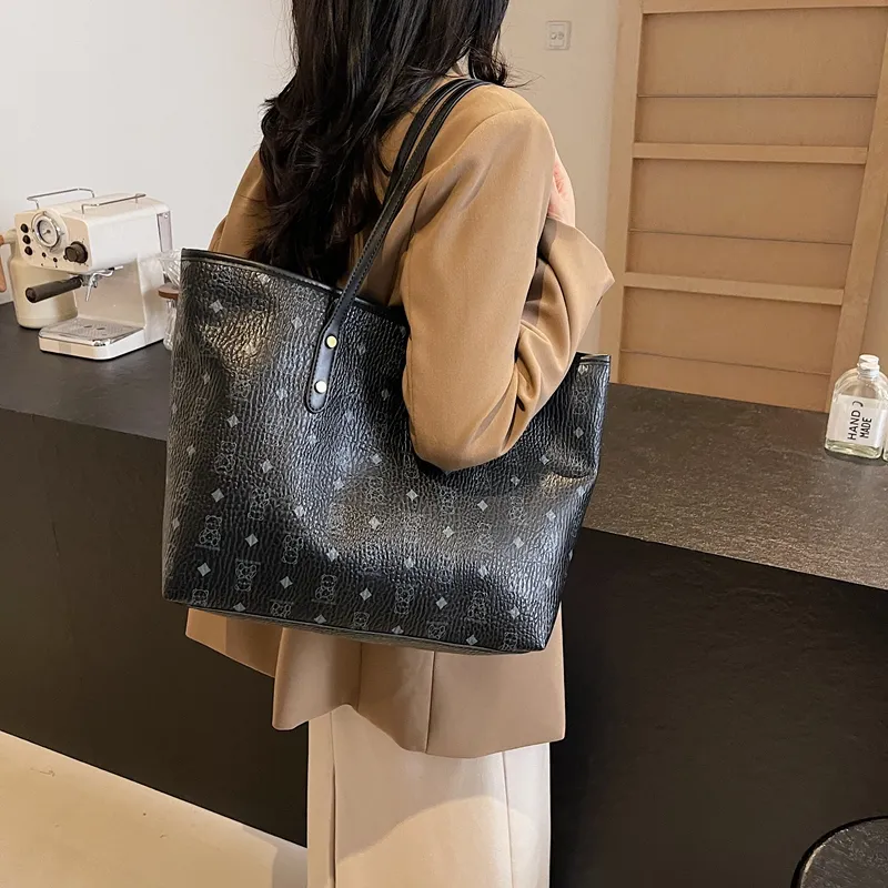 Versman PU Tote Bag, Shoulder Bag Large Size Women's Brown/Black/Pink/White/Black White Color Scheme-7
