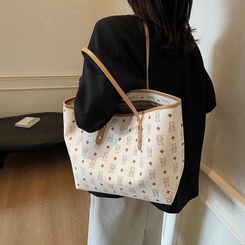 Versman PU Tote Bag, Shoulder Bag Large Size Women's Brown/Black/Pink/White/Black White Color Scheme-4
