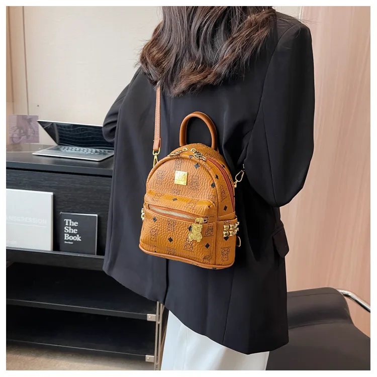 Versman PU Backpack Small Size Women's Black/Ecru/Pink/Brown-22
