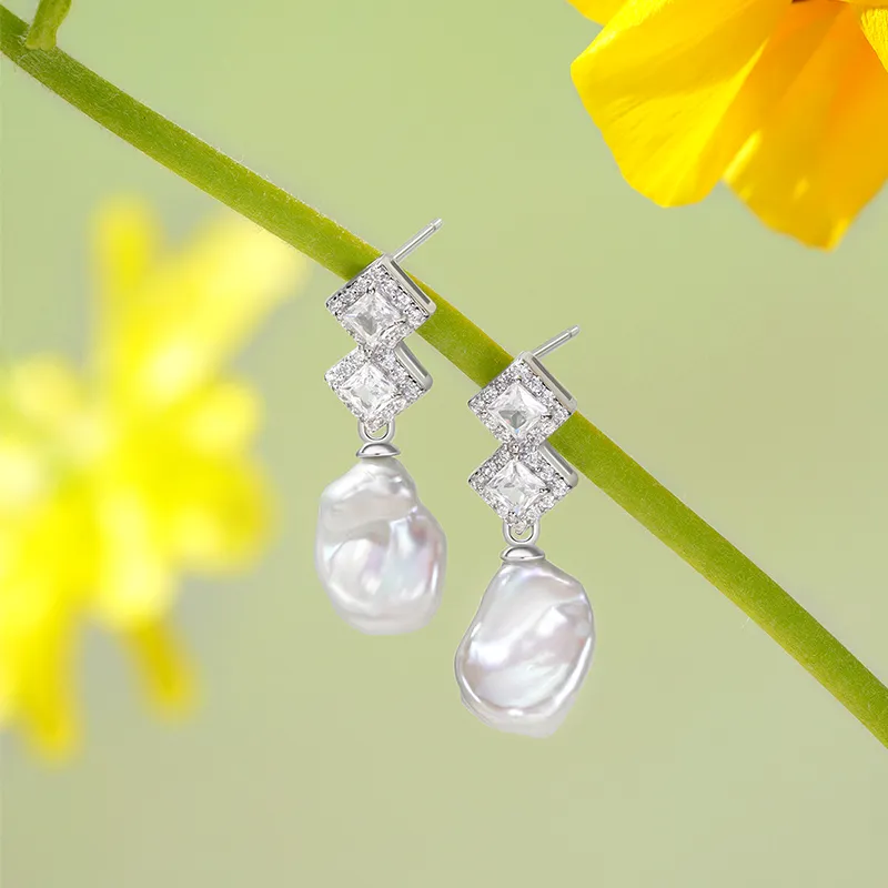 ZXIN JEWELRY Pearl Earrings Baroque Double Block S925 Silver With Zircon Versatile Luxury Minimalist Style Women's-2