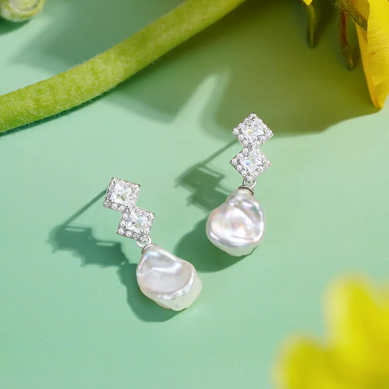 ZXIN JEWELRY Pearl Earrings Baroque Double Block S925 Silver With Zircon Versatile Luxury Minimalist Style Women's-3