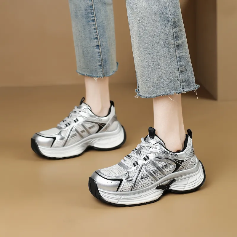 D FUSE SCANDINAVIA Anti Slip And Wear Resistant Lightweight Low Top Chunky Sneakers Women's Silver/Black-3