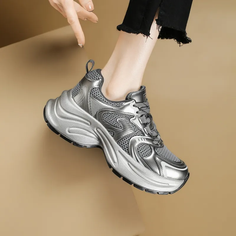 D:FUSE SCANDINAVIA Cushioned Slip-Resistant Abrasion-Resistant Low-Top Chunky Sneakers Women's Gunmetal Gray-5