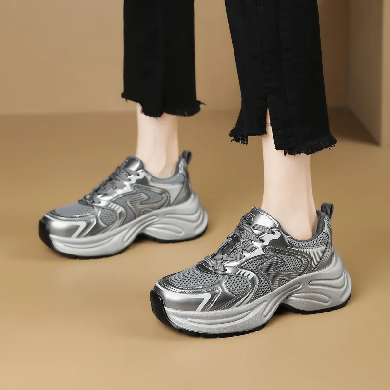D:FUSE SCANDINAVIA Cushioned Slip-Resistant Abrasion-Resistant Low-Top Chunky Sneakers Women's Gunmetal Gray-4