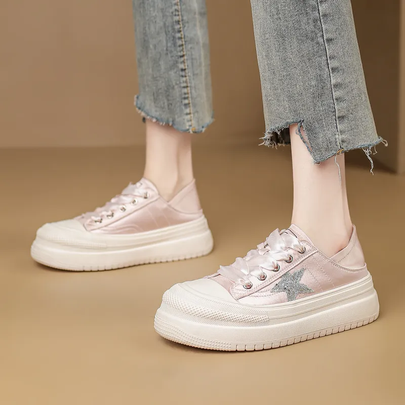 D:FUSE SCANDINAVIA Flat Shoes White Sneakers Breathable Lightweight Height Increasing Low-Top Skateboard Shoes Women's-8