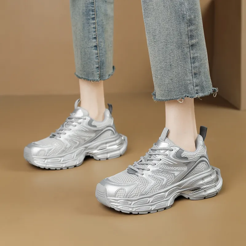 D FUSE SCANDINAVIA Low Top Chunky Sneakers Women's Silver Gray-3