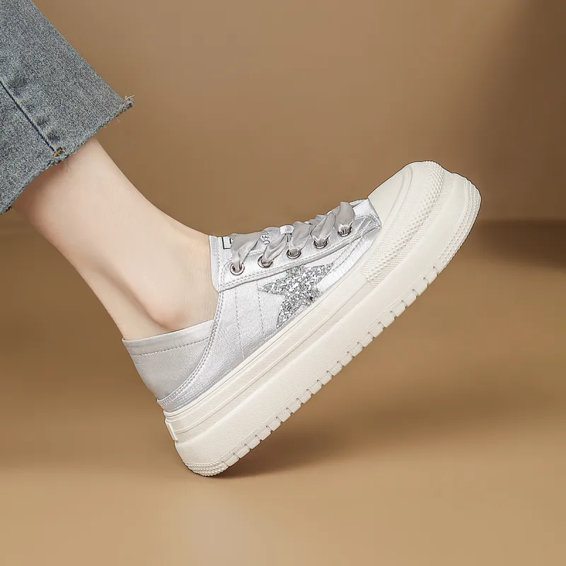 D:FUSE SCANDINAVIA Flat Shoes White Sneakers Breathable Lightweight Height Increasing Low-Top Skateboard Shoes Women's-2