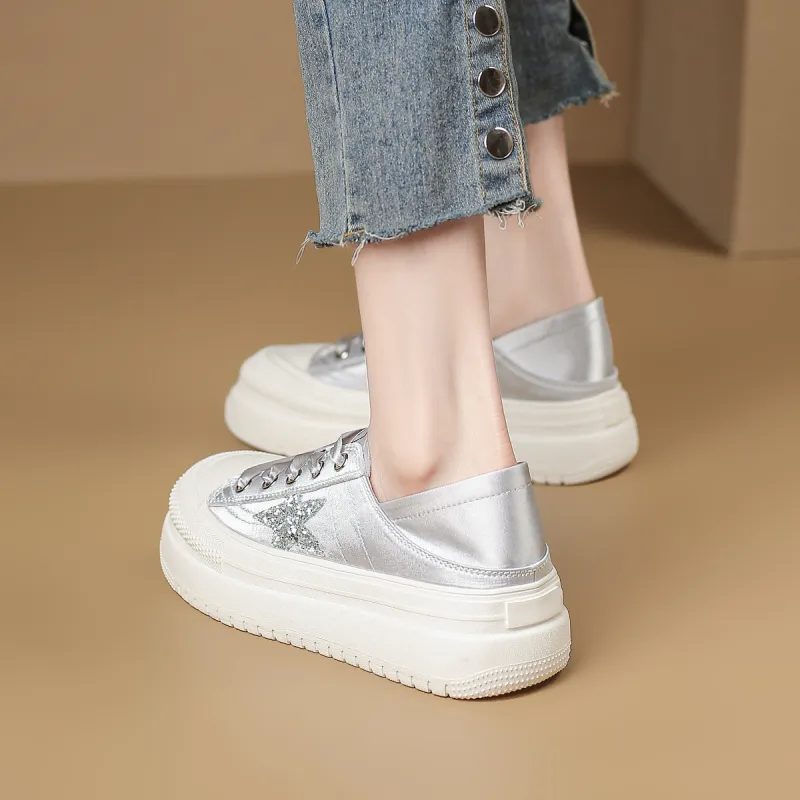 D:FUSE SCANDINAVIA Flat Shoes White Sneakers Breathable Lightweight Height Increasing Low-Top Skateboard Shoes Women's-4