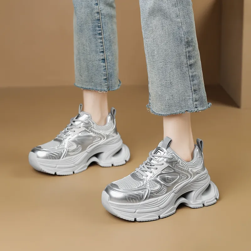 D FUSE SCANDINAVIA Anti Slip And Wear Resistant Lightweight Low Top Chunky Sneakers Women's Silver-1