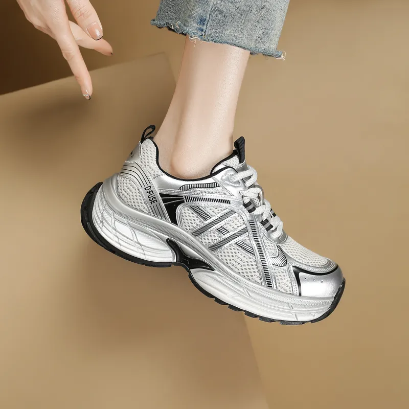 D FUSE SCANDINAVIA Anti Slip And Wear Resistant Lightweight Low Top Chunky Sneakers Women's Silver/Black-5