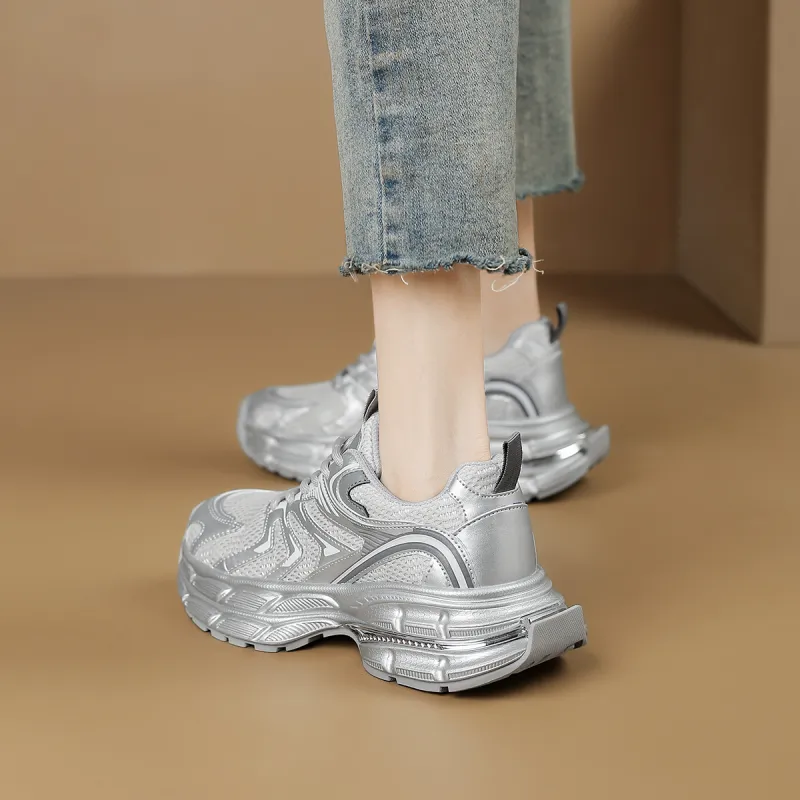 D FUSE SCANDINAVIA Low Top Chunky Sneakers Women's Silver Gray-4