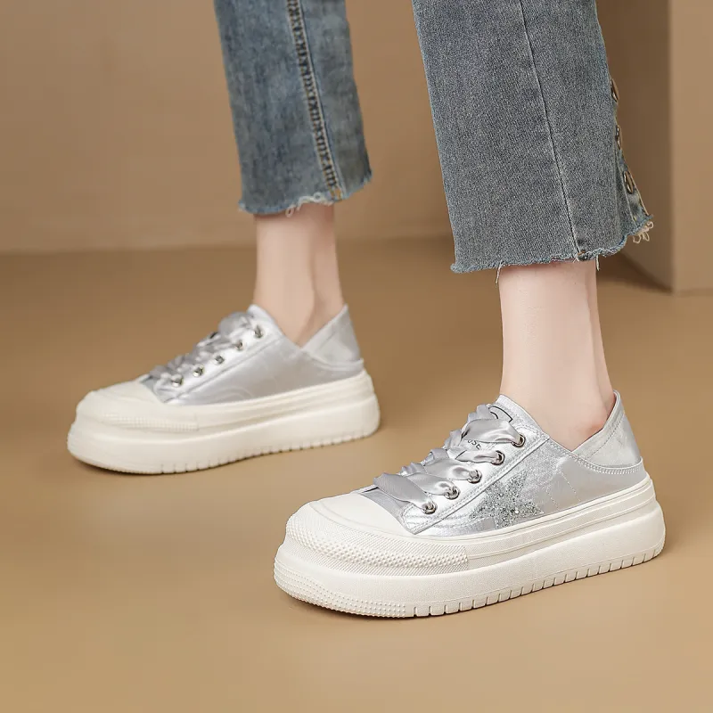 D:FUSE SCANDINAVIA Flat Shoes White Sneakers Breathable Lightweight Height Increasing Low-Top Skateboard Shoes Women's-3