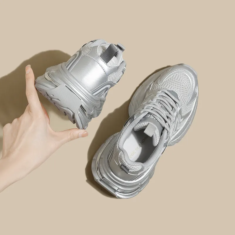 D FUSE SCANDINAVIA Low Top Chunky Sneakers Women's Silver Gray-2