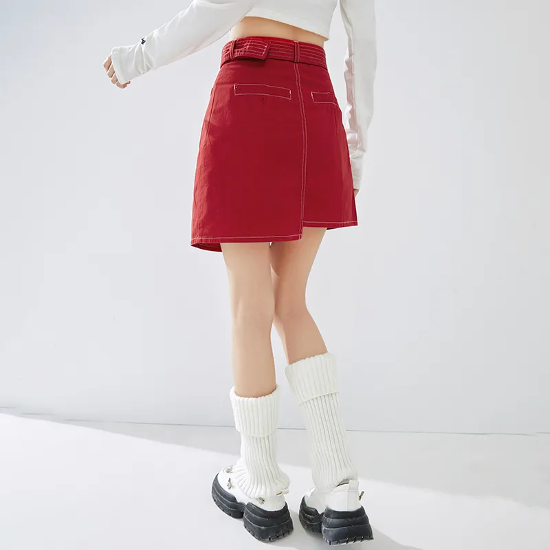 Tonlion Denim Short Skirts Women's Red-3