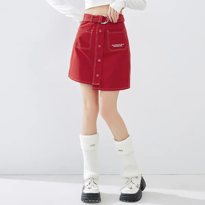 Tonlion Denim Short Skirts Women's Red-2