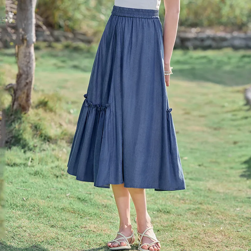 RZSE Casual Long Skirts Women's Denim Blue-2