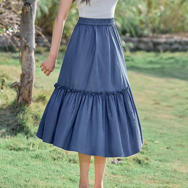 RZSE Casual Long Skirts Women's Denim Blue-6