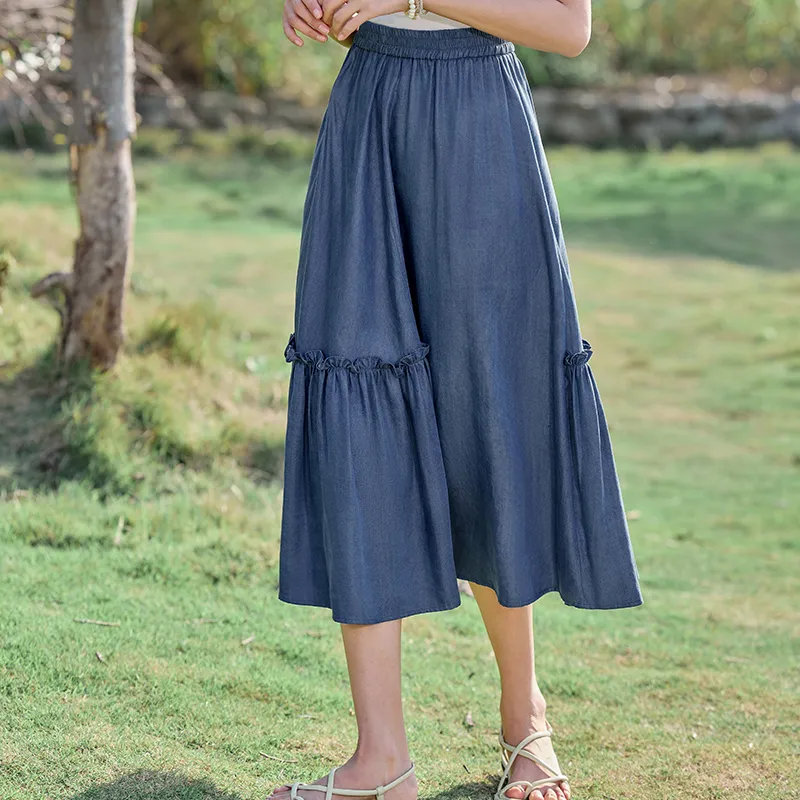 RZSE Casual Long Skirts Women's Denim Blue-3