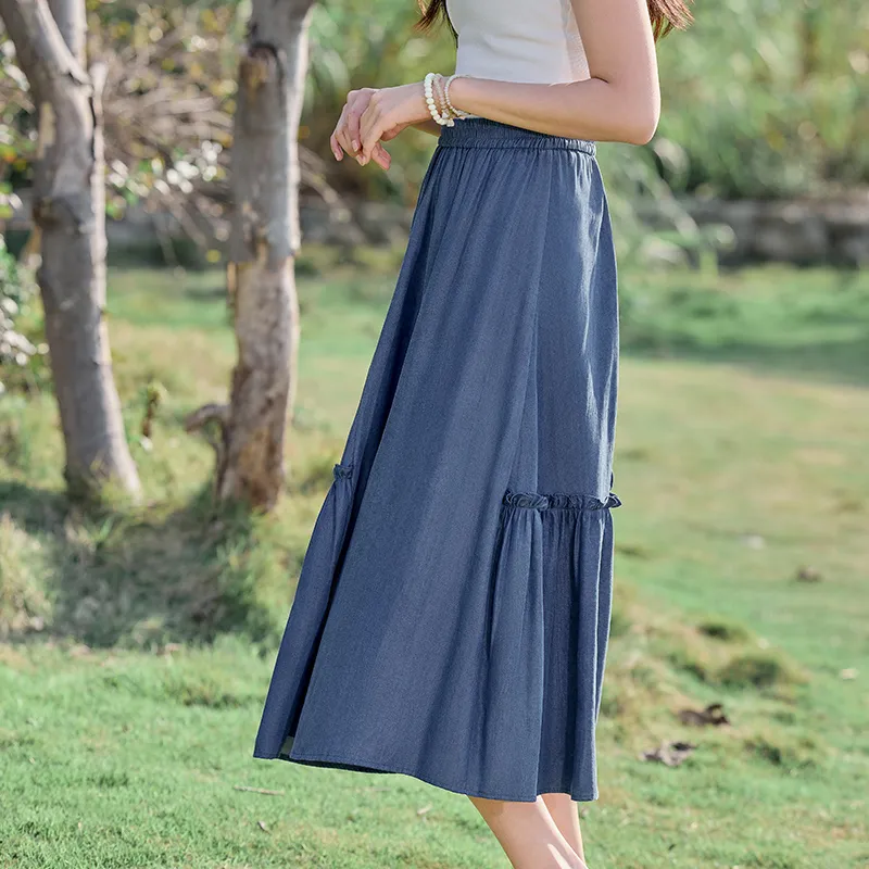 RZSE Casual Long Skirts Women's Denim Blue-4