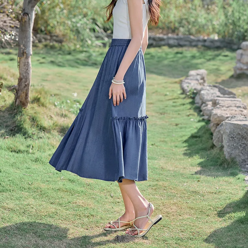 RZSE Casual Long Skirts Women's Denim Blue-10