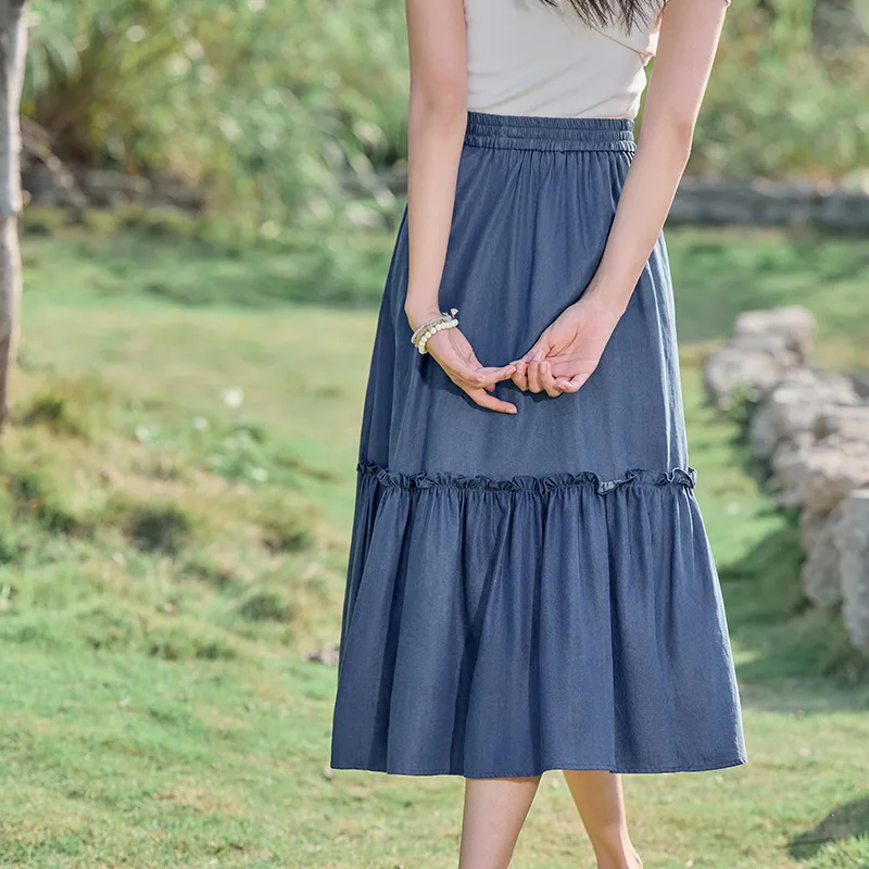 RZSE Casual Long Skirts Women's Denim Blue-5