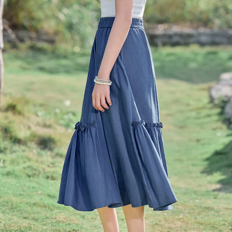 RZSE Casual Long Skirts Women's Denim Blue-9