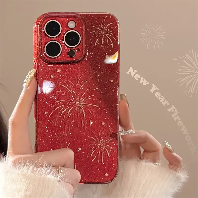 River Lips PC Material Red Firework Joyful Glitter Phone Cases Compatible With Apple 16/15/14/13 Series Trendy And Cool-1