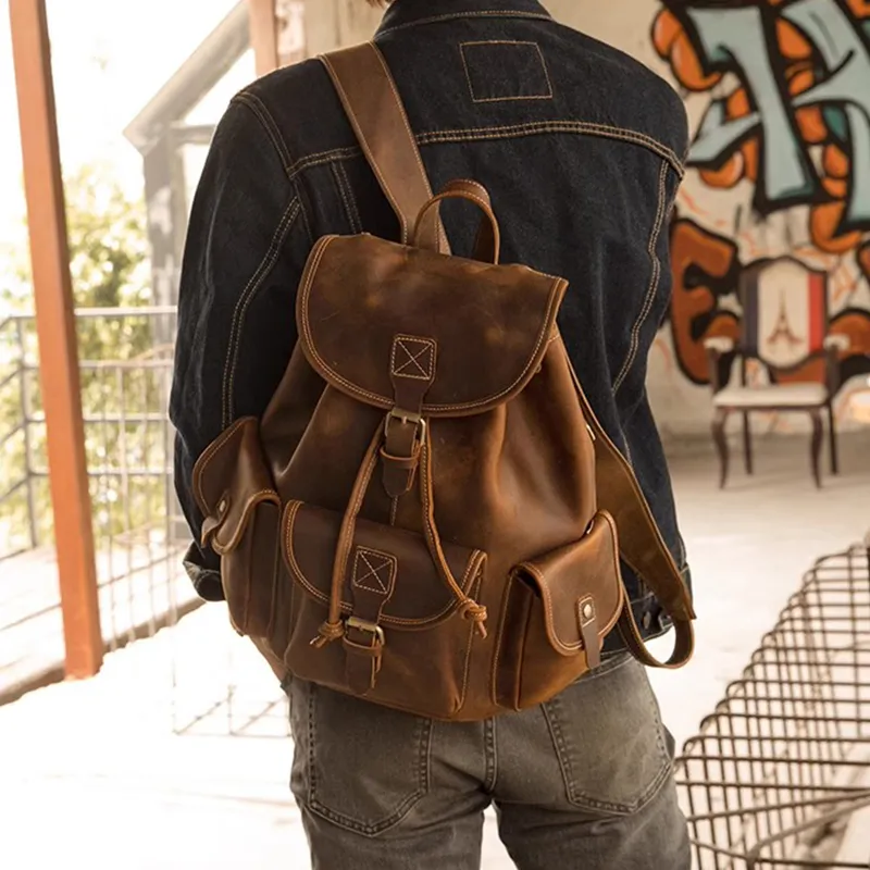 PULUWIRR Cow Leather Vintage American Backpack Fashion Trend Men's Bag Backpack Regular Men's Dark Brown-6