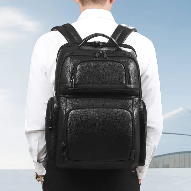 PULUWIRR Cow Leather Backpack Regular Unisex Black-5