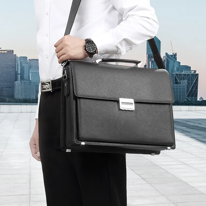 PULUWIRR Cow Leather Handbag Business Casual Regular Unisex Black-6