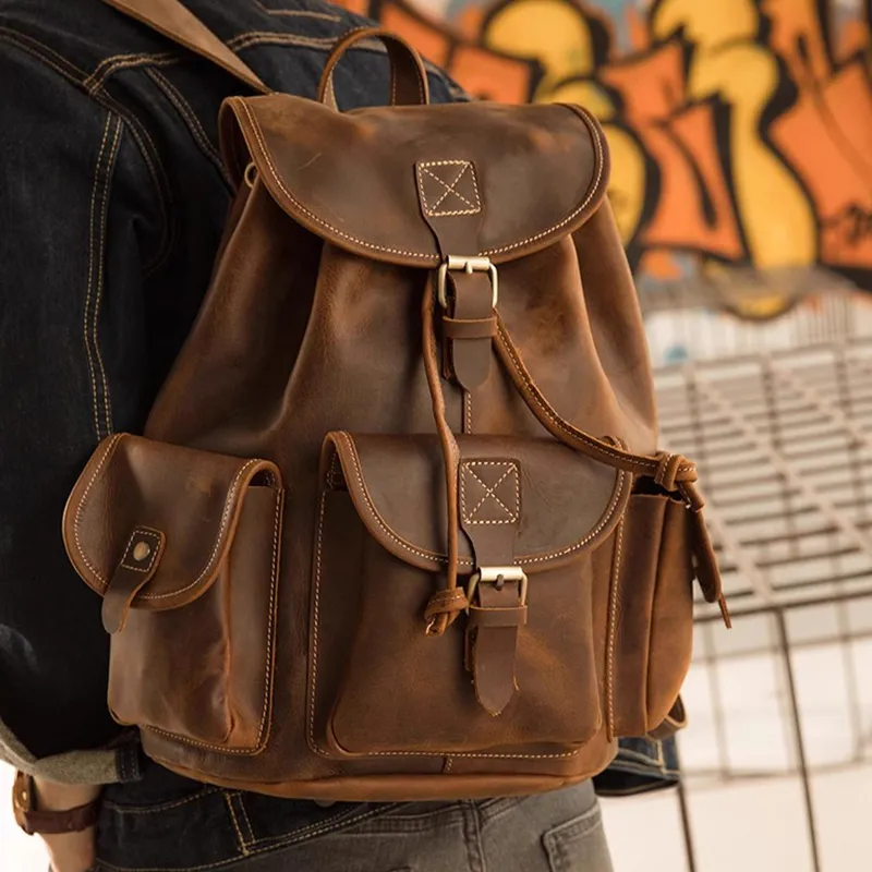 PULUWIRR Cow Leather Vintage American Backpack Fashion Trend Men's Bag Backpack Regular Men's Dark Brown-5
