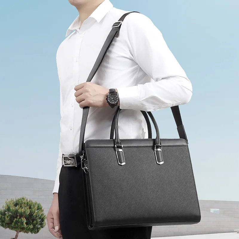 PULUWIRR Genuine Leather Cow Leather Bag Business Men's Handbag Shoulder Bag Regular Men's Black-5