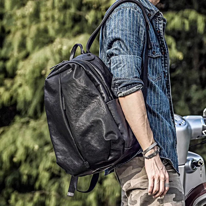 PULUWIRR Cow Leather Large Capacity Business Casual Travel Bag Vintage Laptop Backpack Regular Men's Black-5