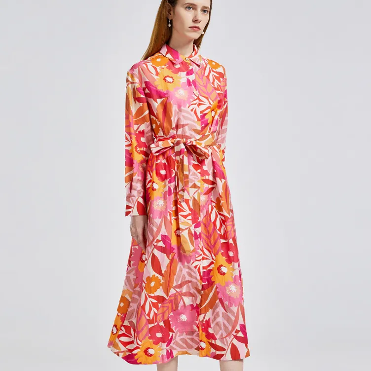 NINE WEST Long-Sleeved Dresses Women's White Background With Pink Flowers-4