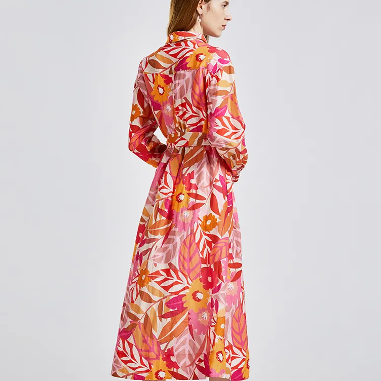 NINE WEST Long-Sleeved Dresses Women's White Background With Pink Flowers-2