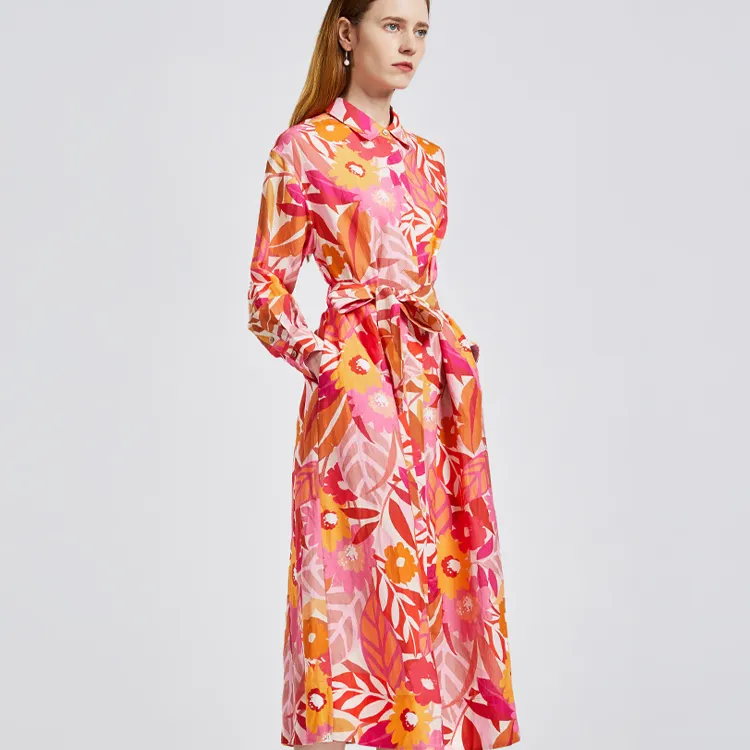 NINE WEST Long-Sleeved Dresses Women's White Background With Pink Flowers-5