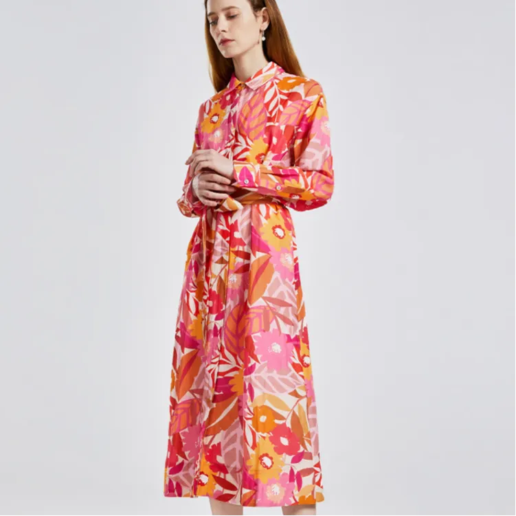NINE WEST Long-Sleeved Dresses Women's White Background With Pink Flowers-3