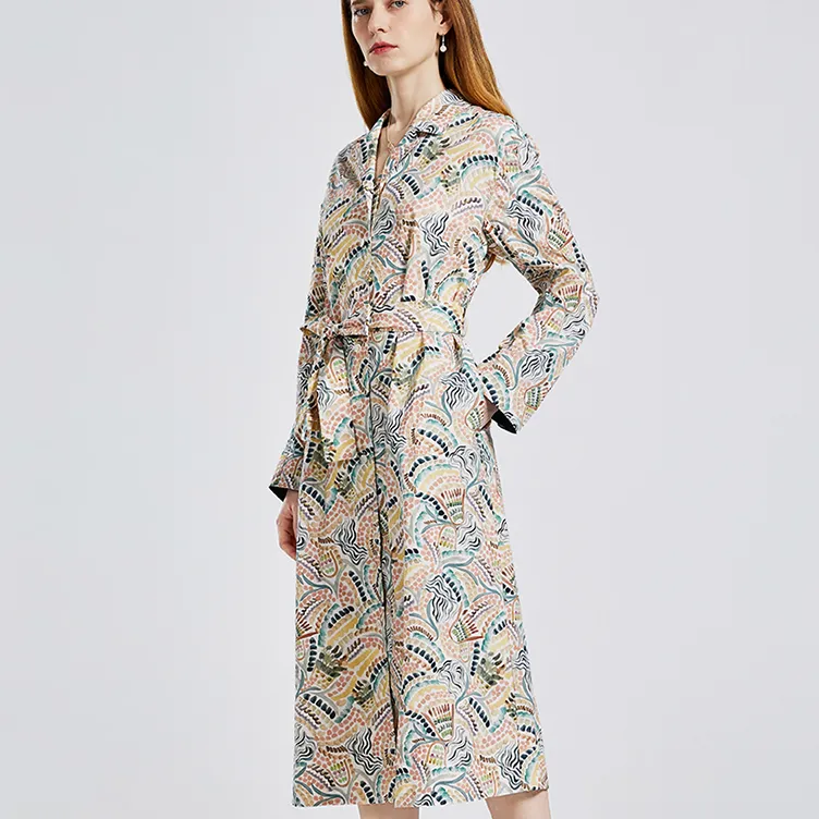 NINE WEST Long-Sleeved Dresses Women's White Base Coffee Flower-1