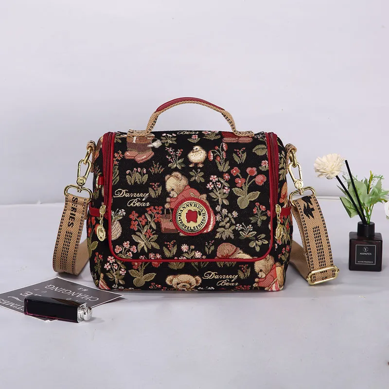 DANNYBEARJEANS Fabric Shoulder Bag, Crossbody Bag, Handbag Women's Secret Garden Bear Black/Secret Garden Bear White-1