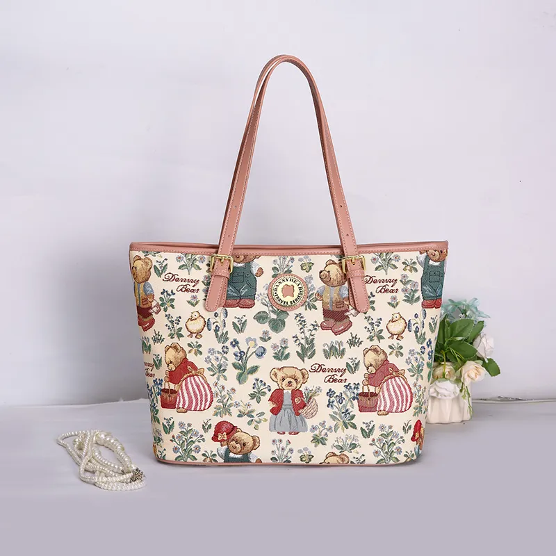 DANNYBEARJEANS Fabric Tote Bag, Shoulder Bag Women's Secret Garden Bear Black/Secret Garden Bear White-8