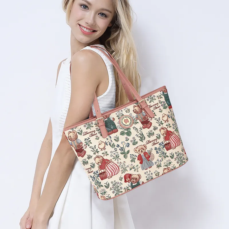 DANNYBEARJEANS Fabric Tote Bag, Shoulder Bag Women's Secret Garden Bear Black/Secret Garden Bear White-9